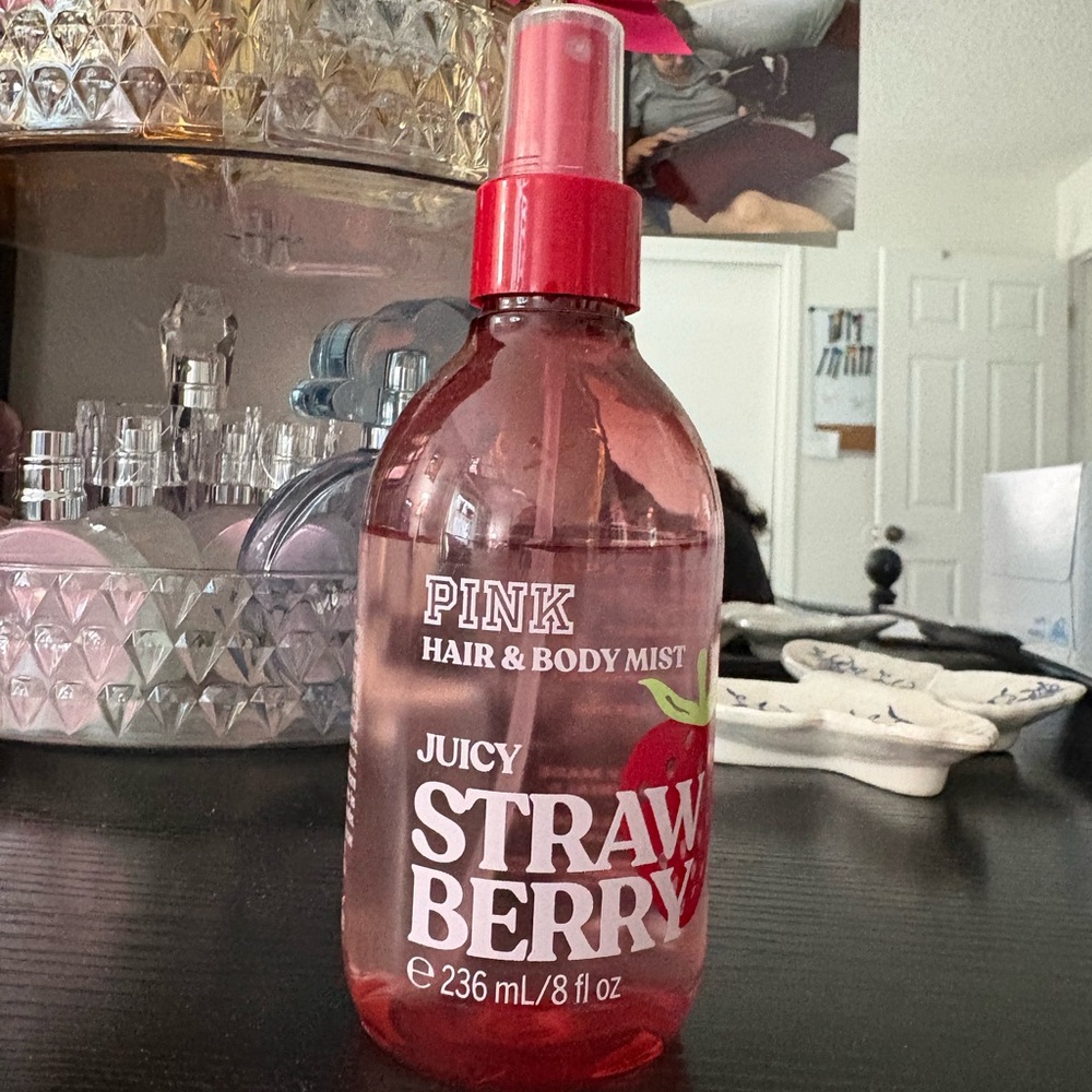 PINK Victoria's Secret Juicy Strawberry Hair & Body Mist - Pink/Red Bottle
